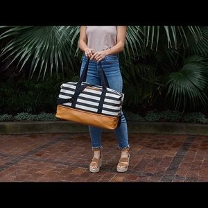 Black & White Striped Weekender Duffle Bag with Shoe Compartment!